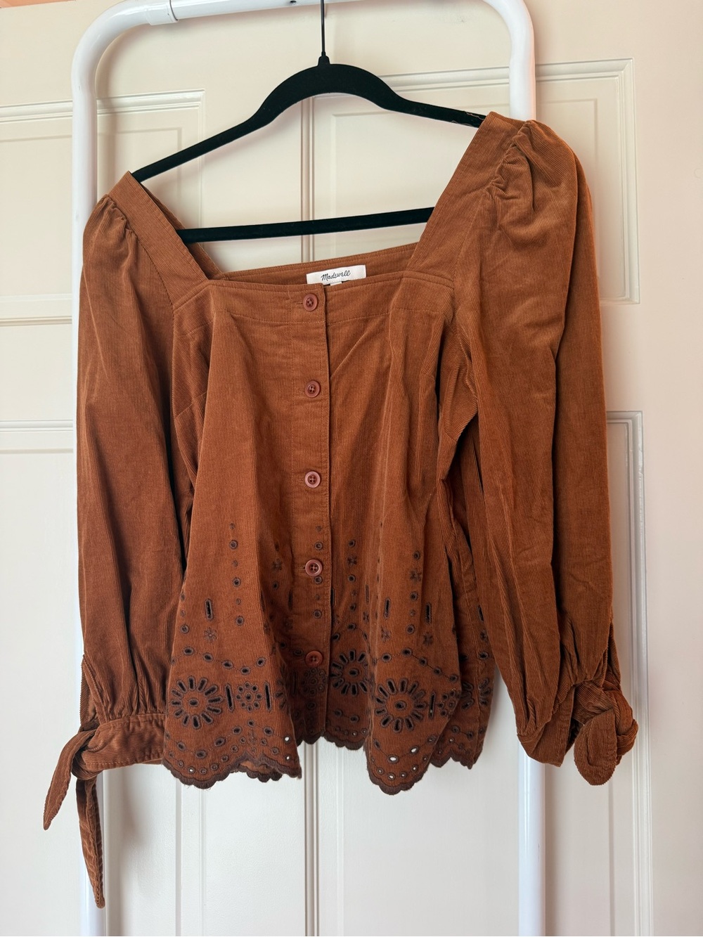 Madewell Rust Corduroy Button-Front Blouse with Eyelet Hem